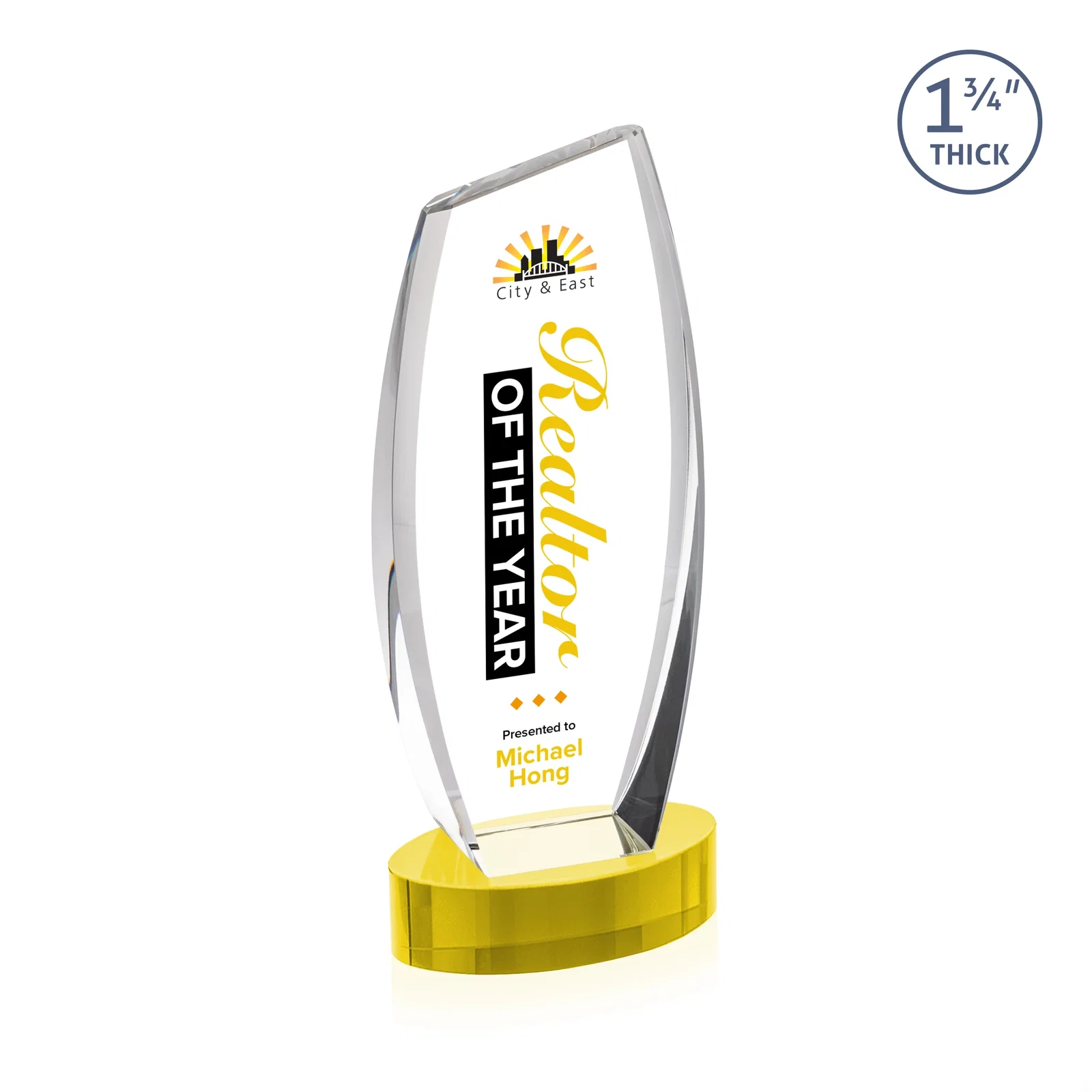 Custom printed Curved-Side Optical Crystal Peak Award on Oval Base, awards for volunteer appreciation