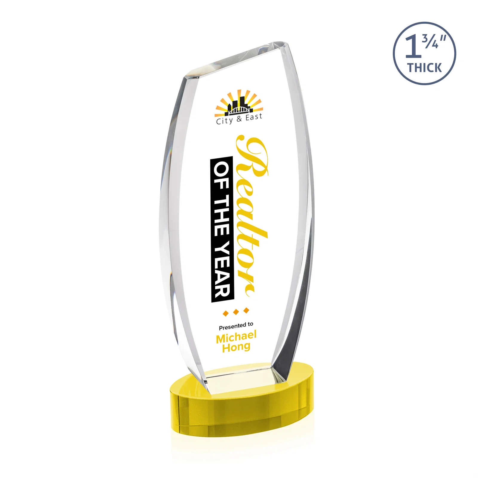 Custom printed Curved-Side Optical Crystal Peak Award on Oval Base, awards for dealer and partner awards