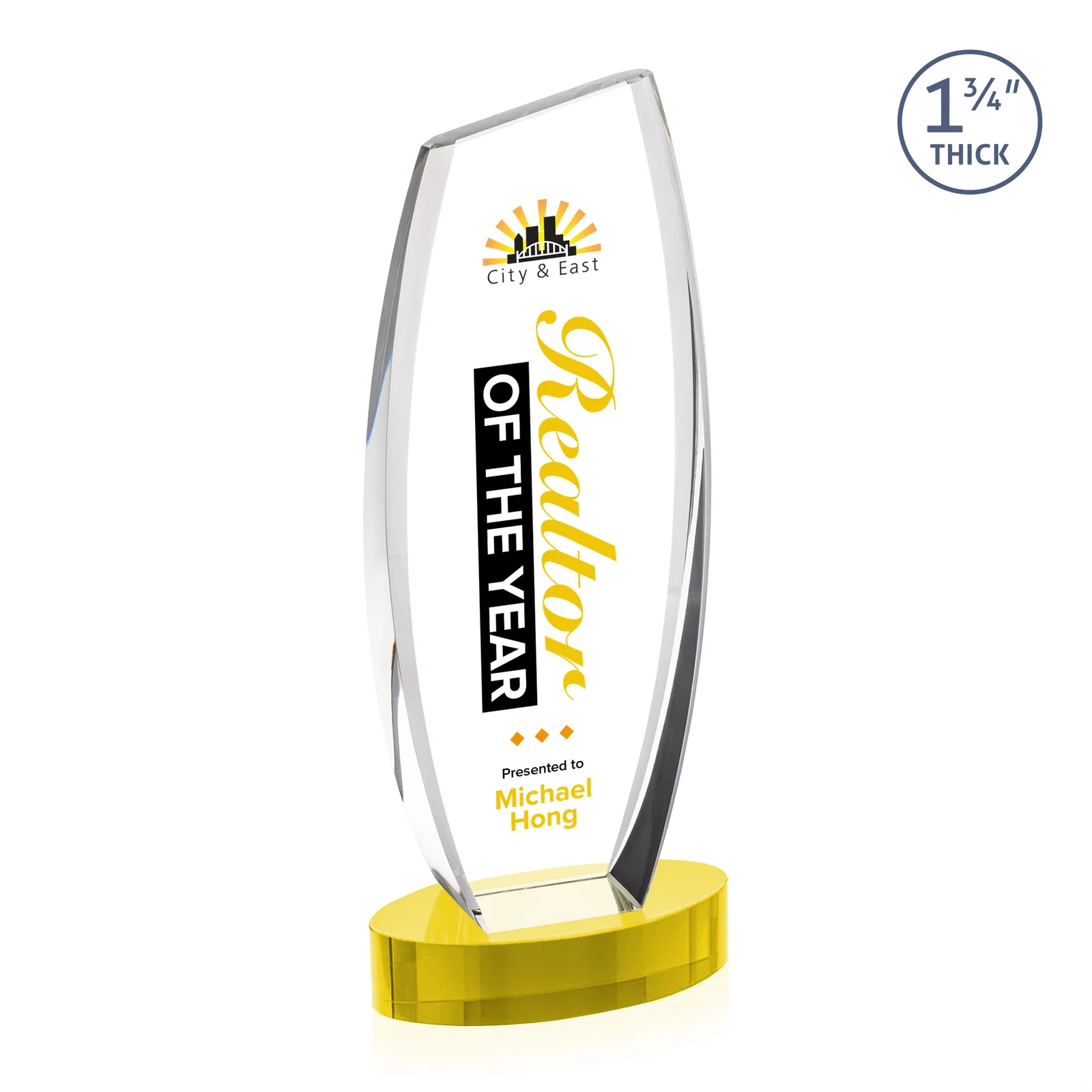 Custom printed Curved-Side Optical Crystal Peak Award on Oval Base, awards for company anniversary events