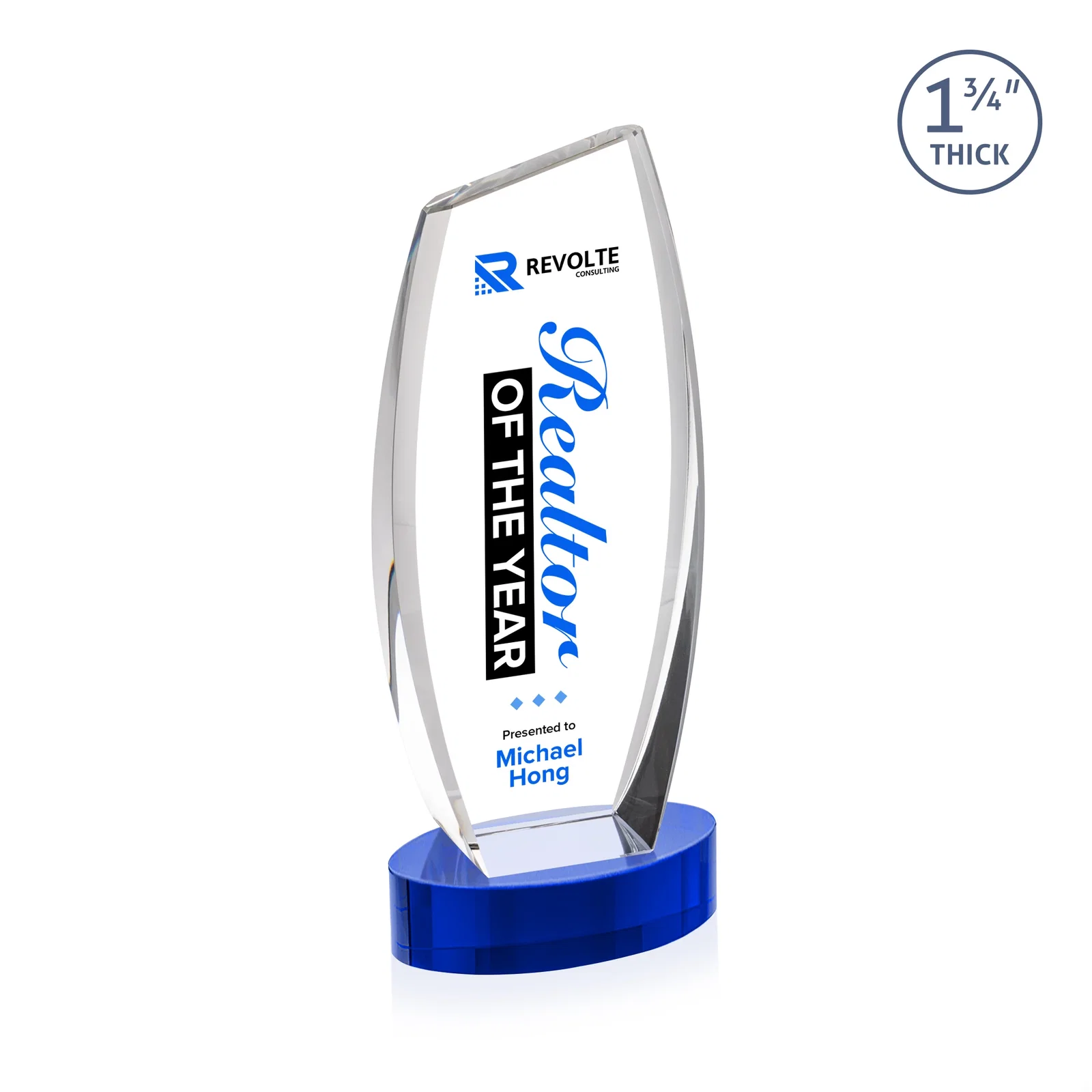 Custom engraved Curved-Side Optical Crystal Peak Award on Oval Base, awards for employee recognition