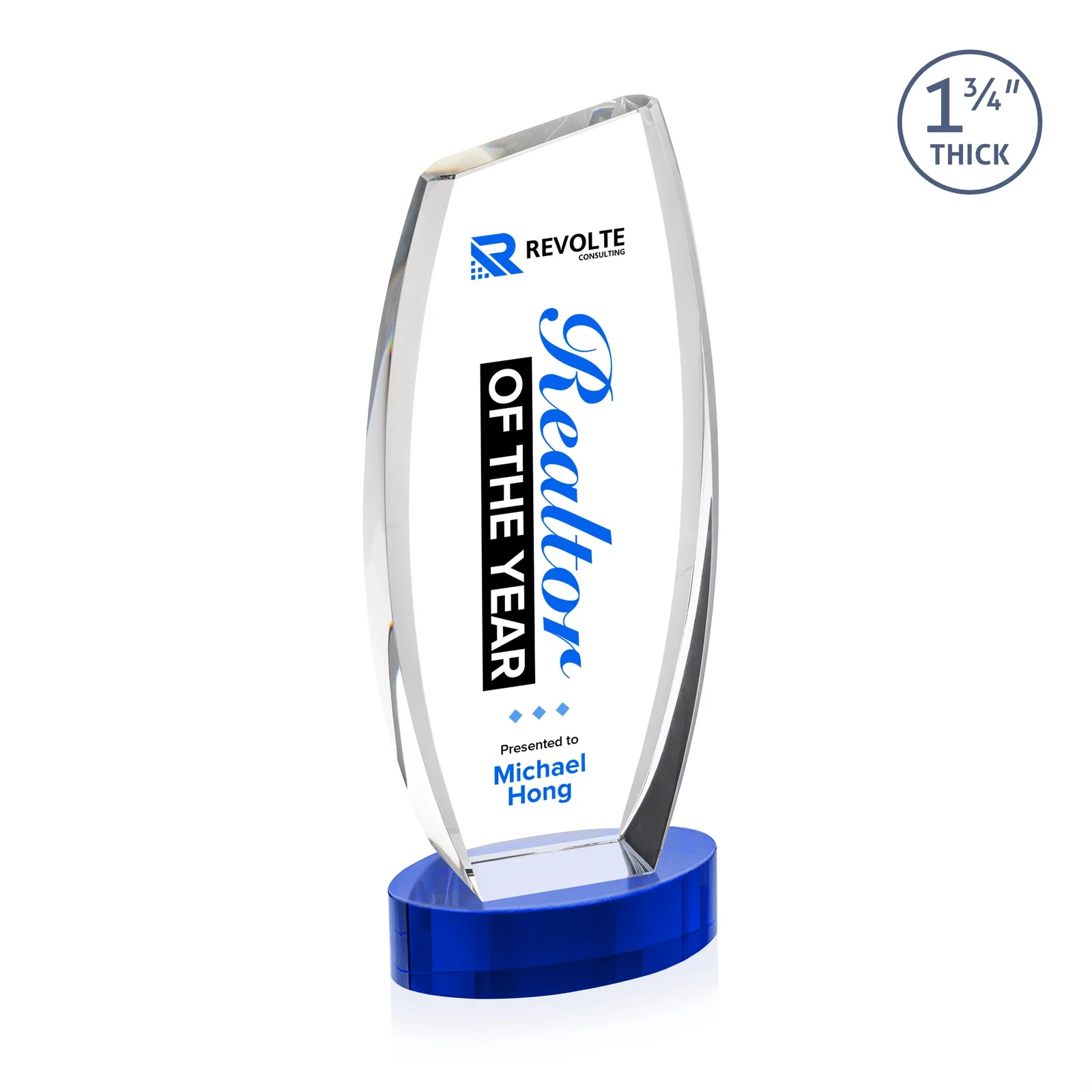 Custom engraved Curved-Side Optical Crystal Peak Award on Oval Base, awards for corporate award ceremonies