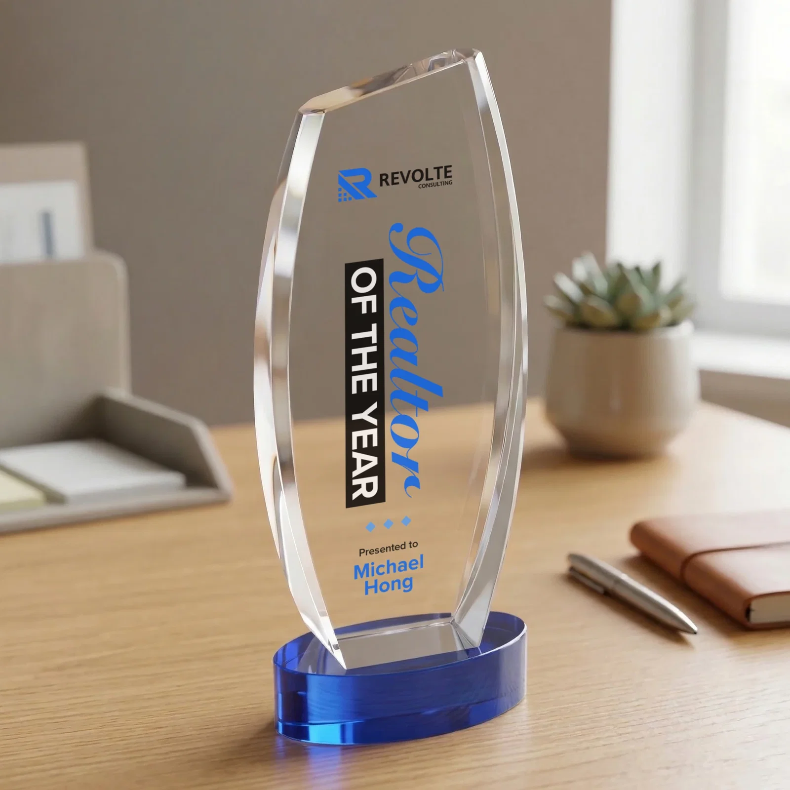 Custom engraved Curved-Side Optical Crystal Peak Award on Oval Base, awards for sales achievement awards