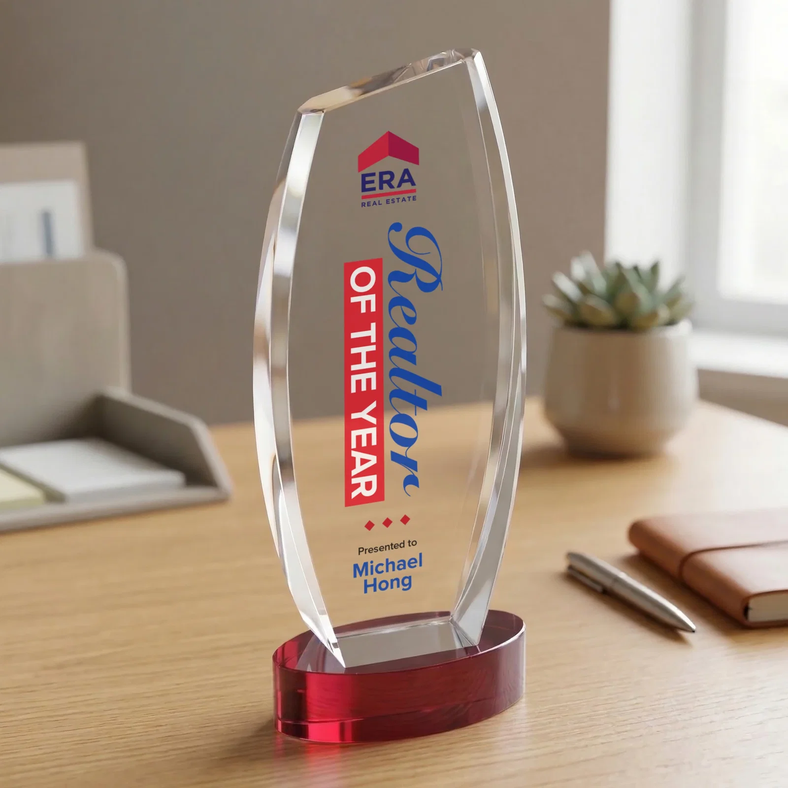 Custom engraved Curved-Side Optical Crystal Peak Award on Oval Base, awards for safety achievement programs