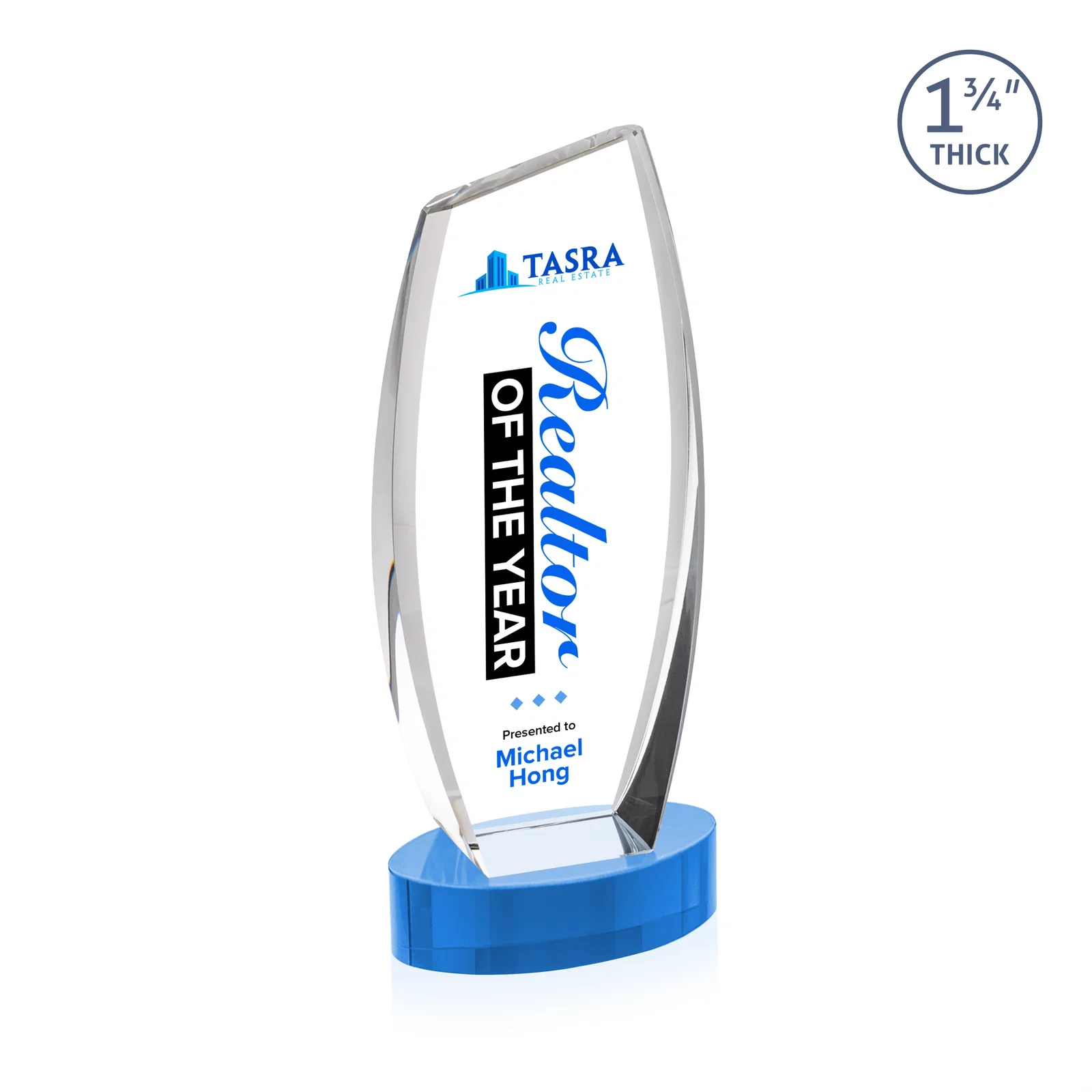 Custom engraved Curved-Side Optical Crystal Peak Award on Oval Base, awards for dealer and partner awards