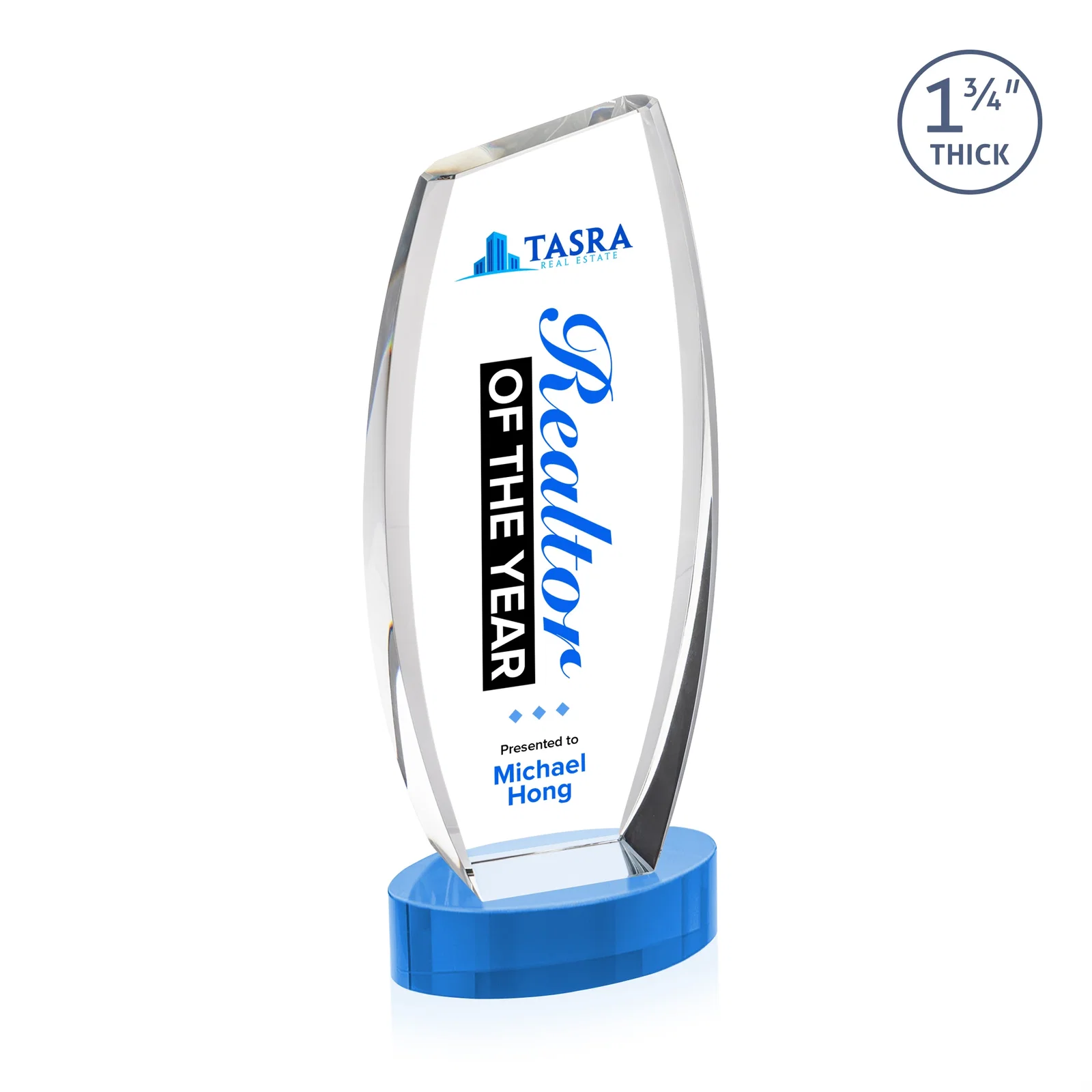 Custom engraved Curved-Side Optical Crystal Peak Award on Oval Base, awards for company anniversary events