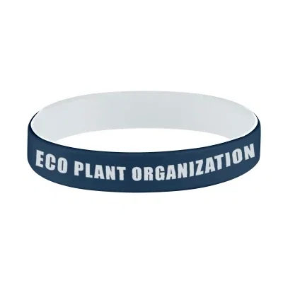 Black silicone wristband carrying contrasting colored lettering