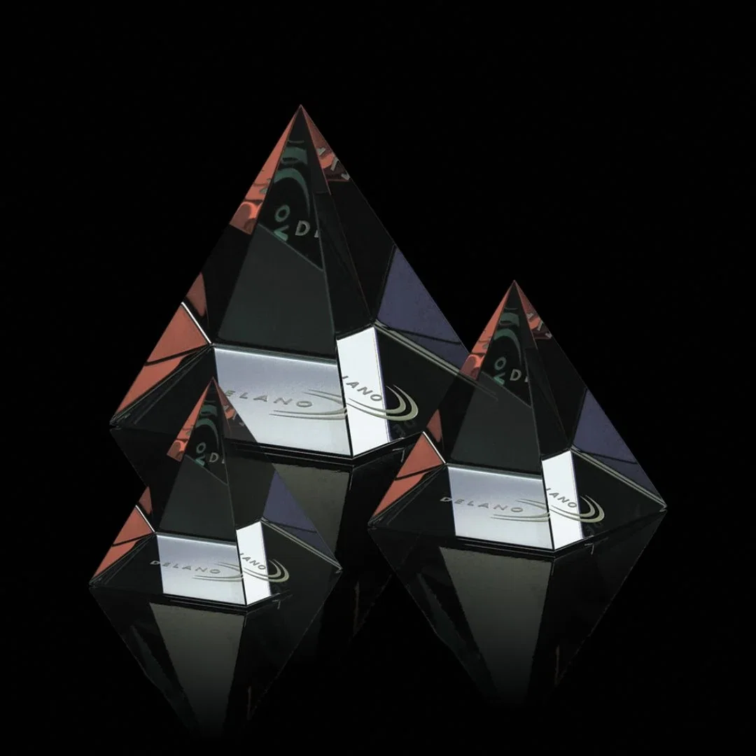 Custom Color-Shifting Optical Crystal Pyramid Award With Reflective Base for employee recognition