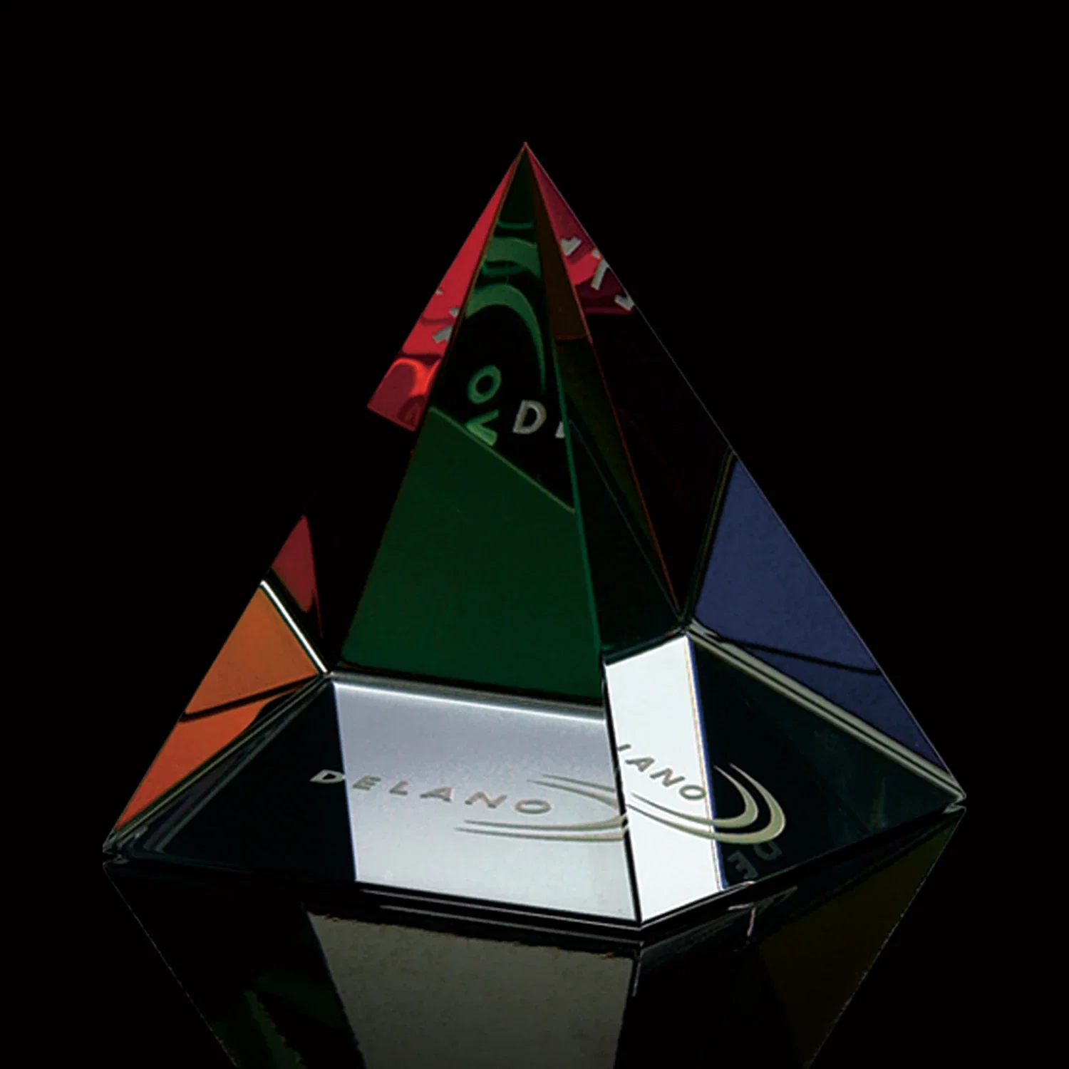Custom Color-Shifting Optical Crystal Pyramid Award With Reflective Base for corporate award ceremonies