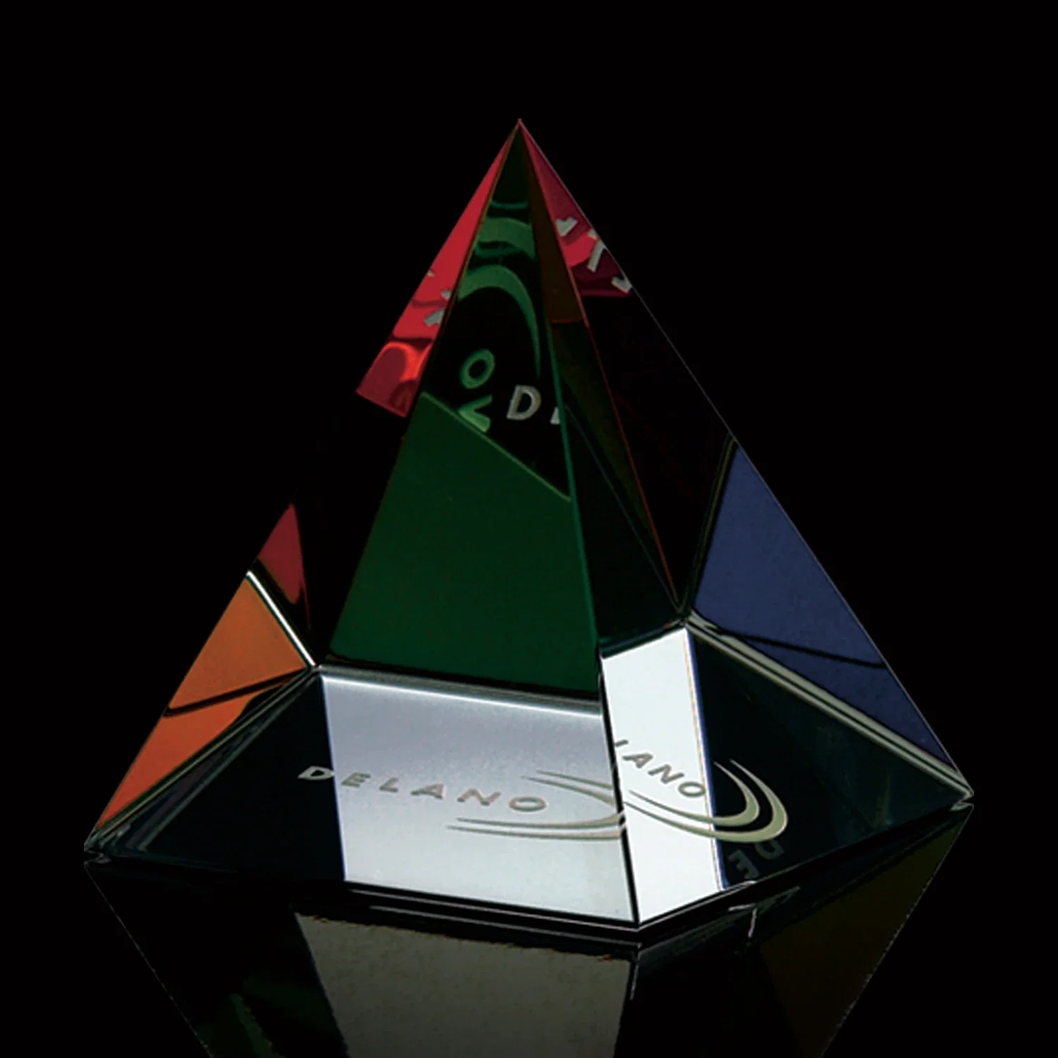 Custom Color-Shifting Optical Crystal Pyramid Award With Reflective Base for sales achievement awards