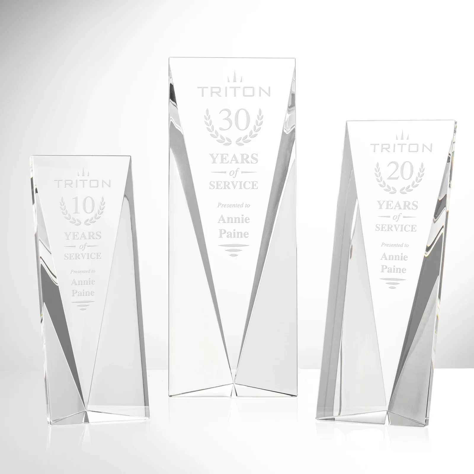 Custom Crystal Tower Award, Converging Sides to a Pointed Base, awards for employee recognition