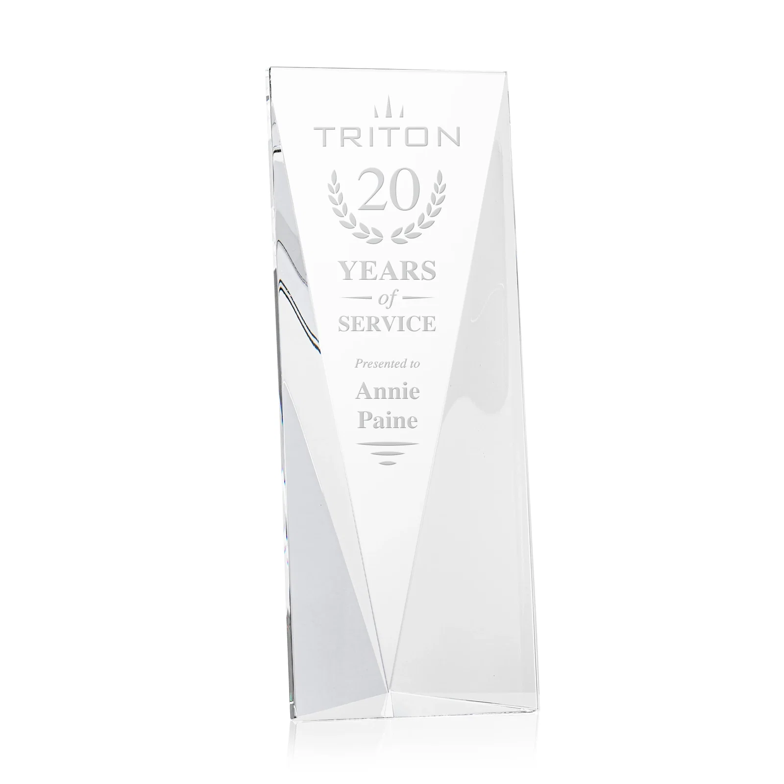 Custom Crystal Tower Award, Converging Sides to a Pointed Base, awards for service anniversary gifts