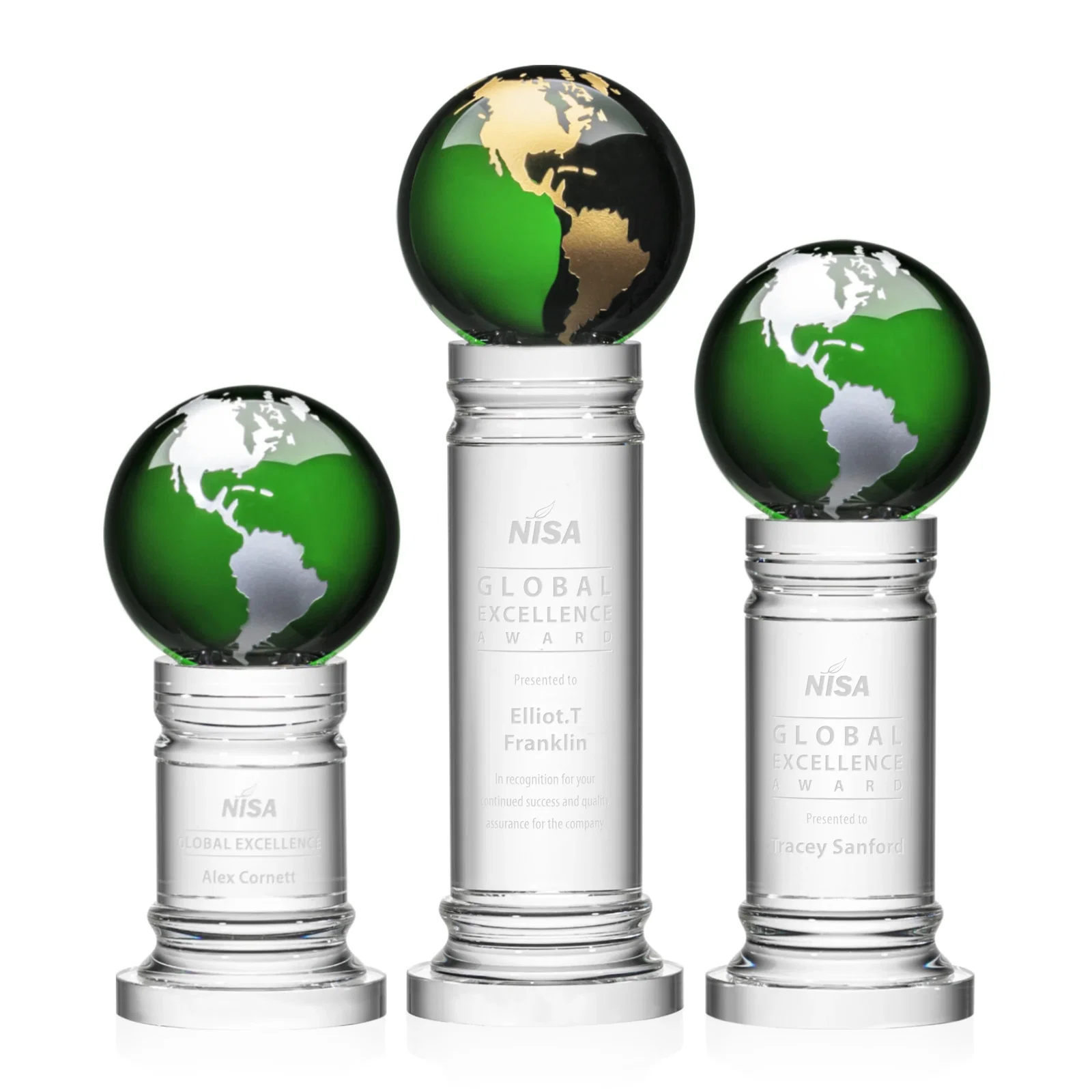 Custom Green Optical Crystal Globe Award on a Crystal Column for employee recognition