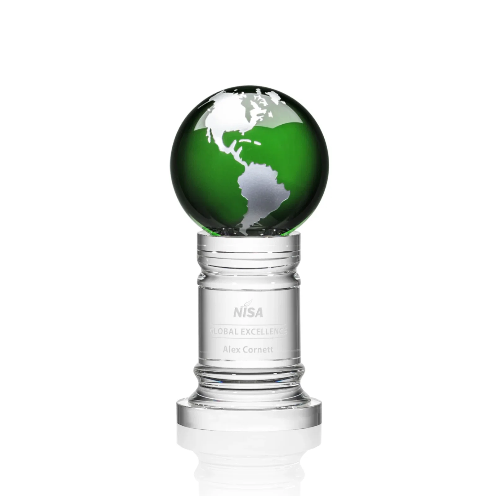 Personalized Green Optical Crystal Globe Award on a Crystal Column for employee recognition