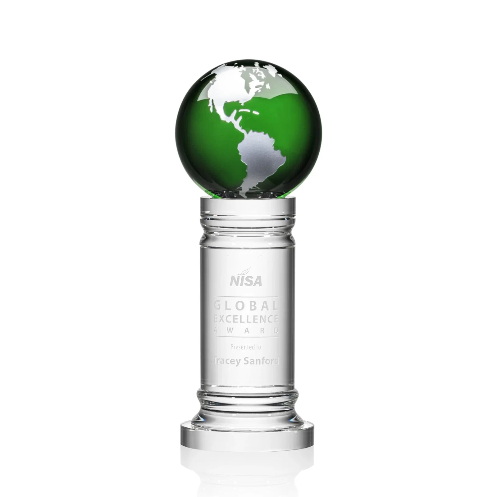 Personalized Green Optical Crystal Globe Award on a Crystal Column for corporate award ceremonies