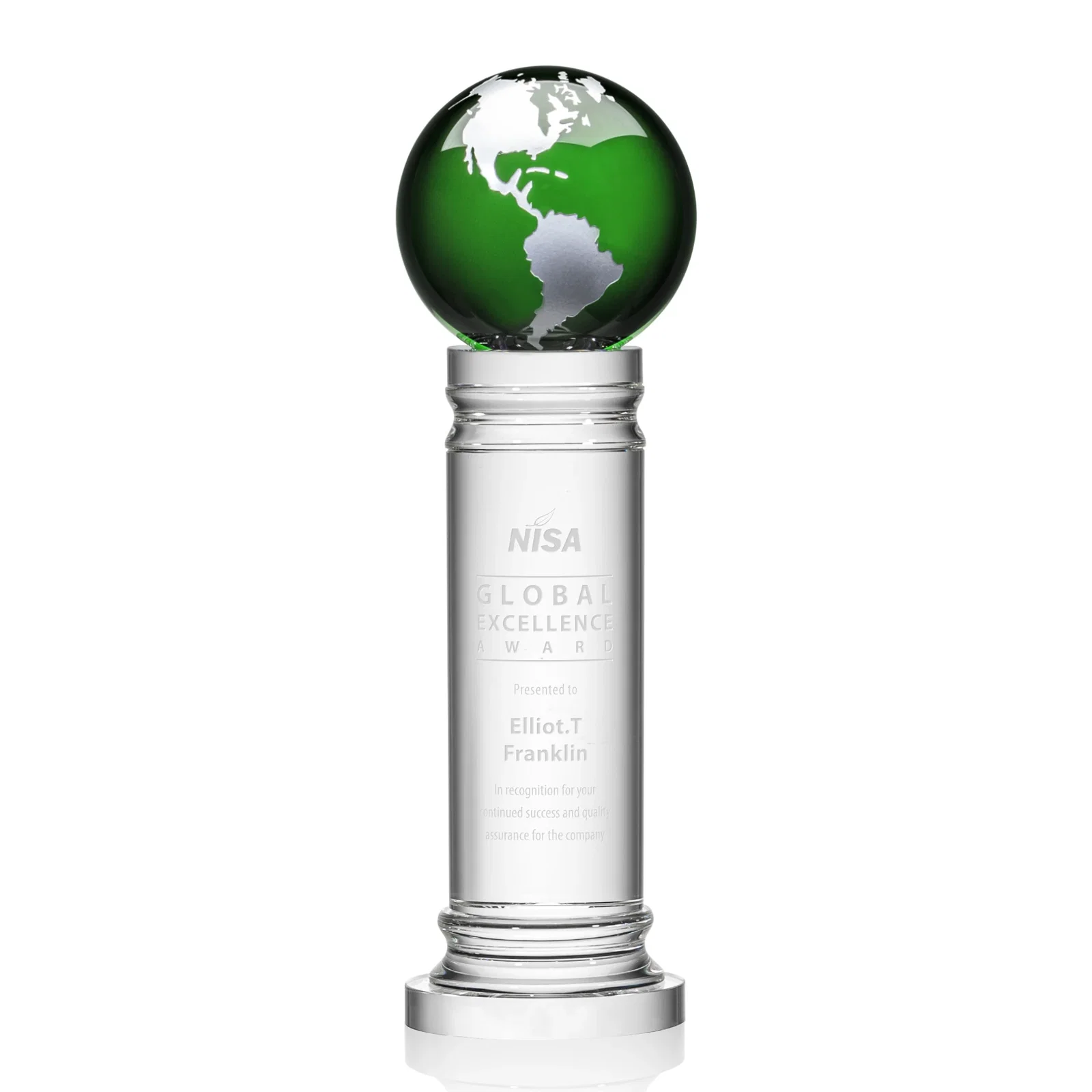 Personalized Green Optical Crystal Globe Award on a Crystal Column for service anniversary gifts