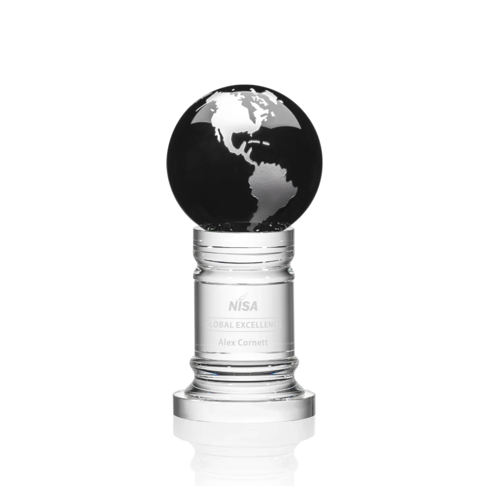 Personalized Green Optical Crystal Globe Award on a Crystal Column for sales achievement awards