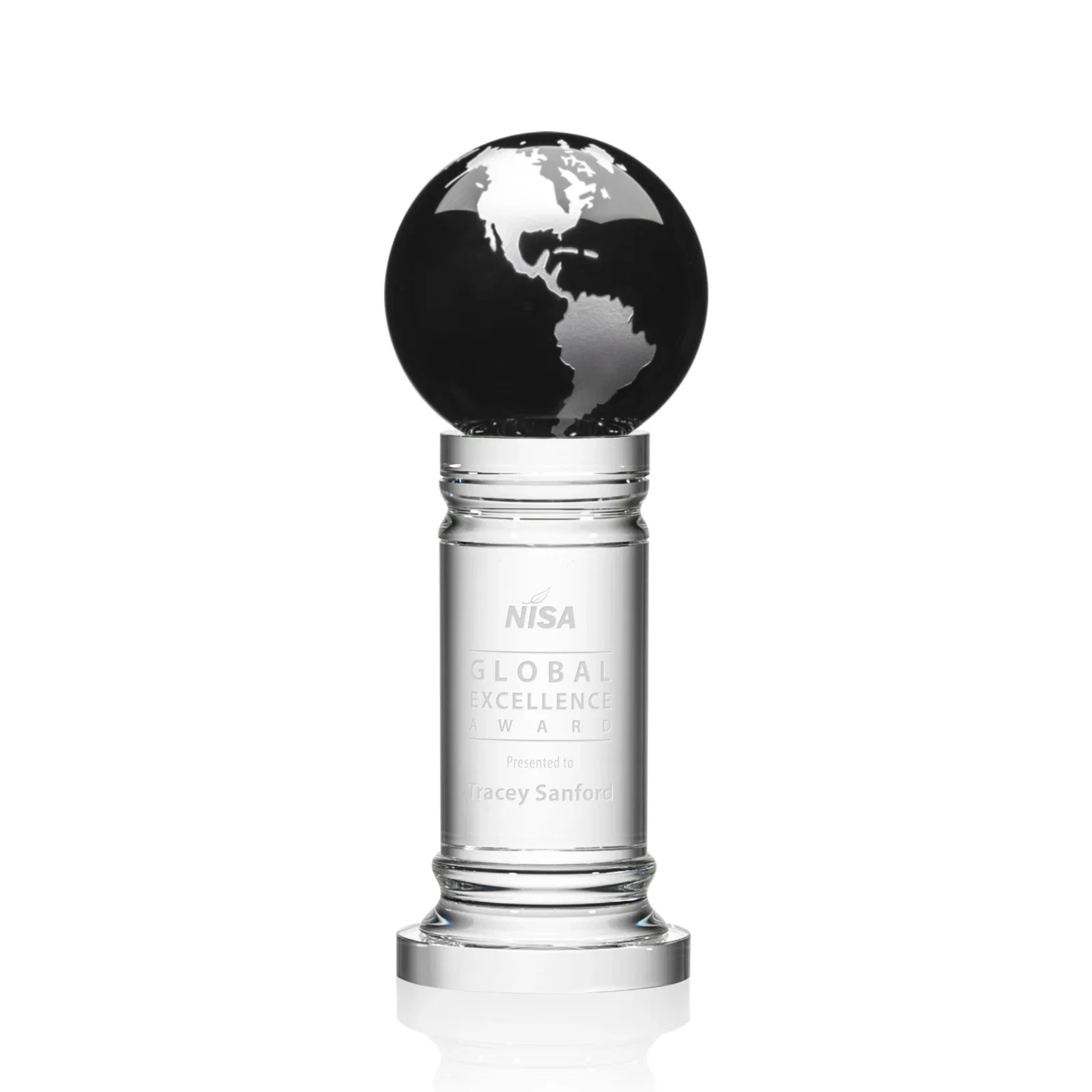 Personalized Green Optical Crystal Globe Award on a Crystal Column for retirement presentations