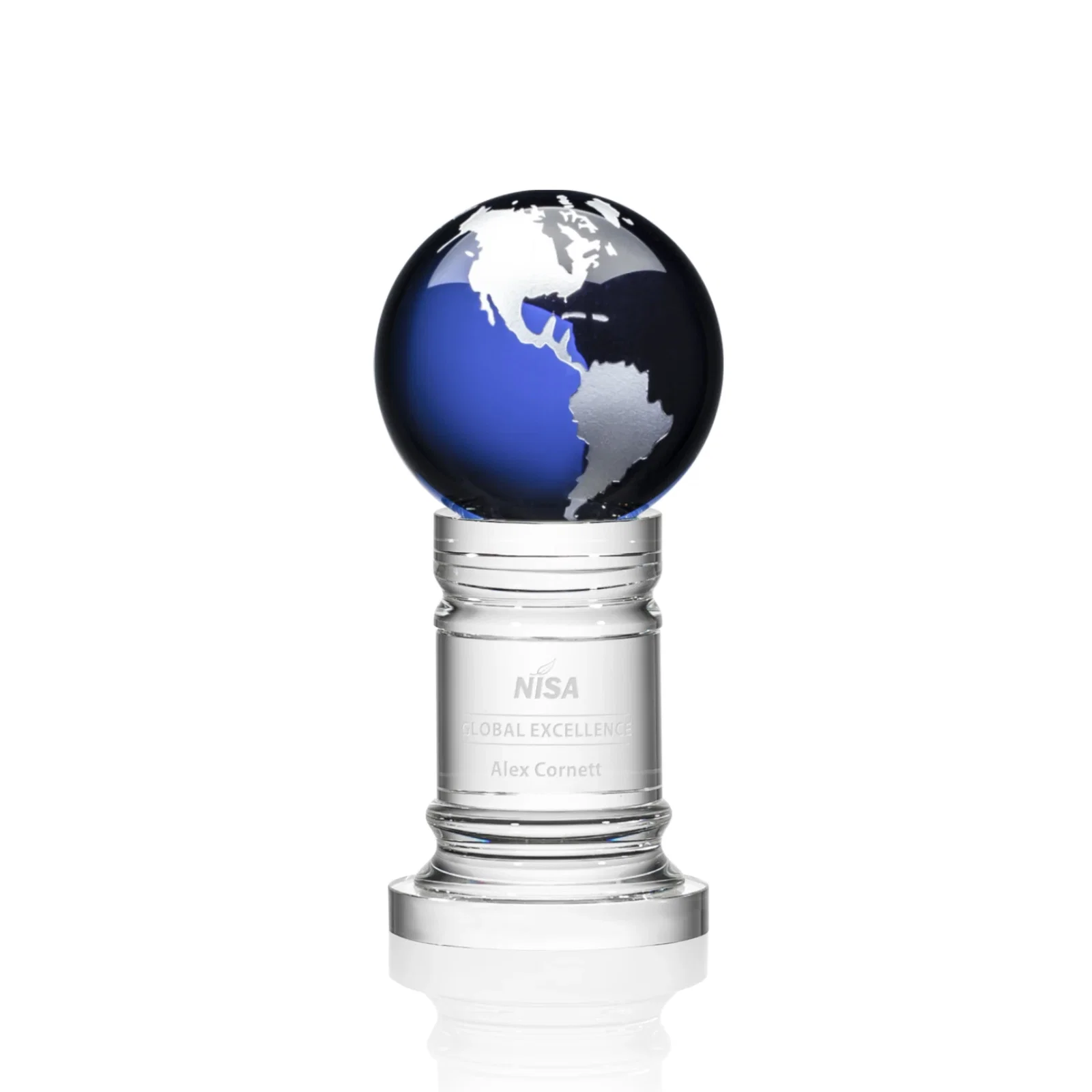 Personalized Green Optical Crystal Globe Award on a Crystal Column for donor appreciation