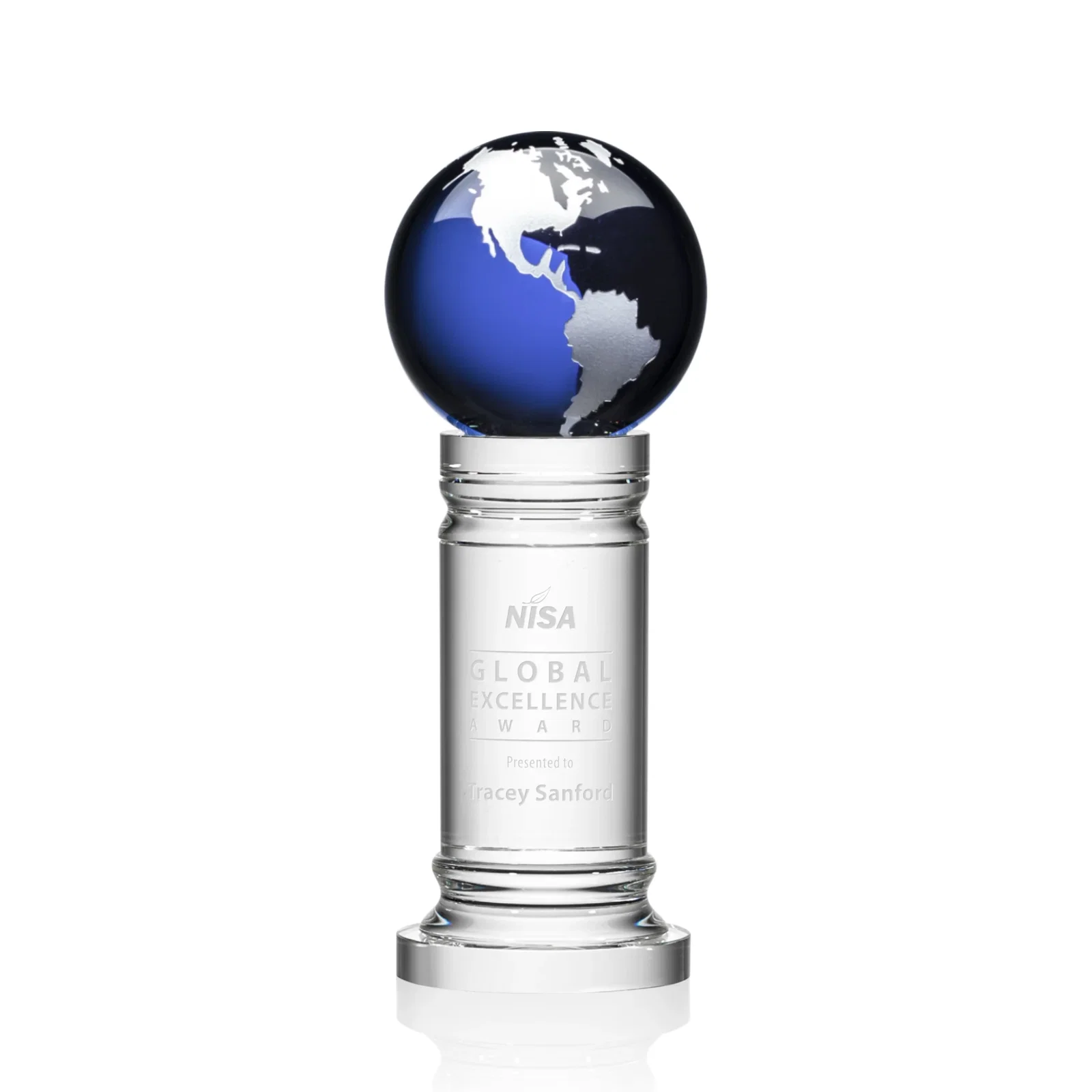 Personalized Green Optical Crystal Globe Award on a Crystal Column for graduation ceremonies
