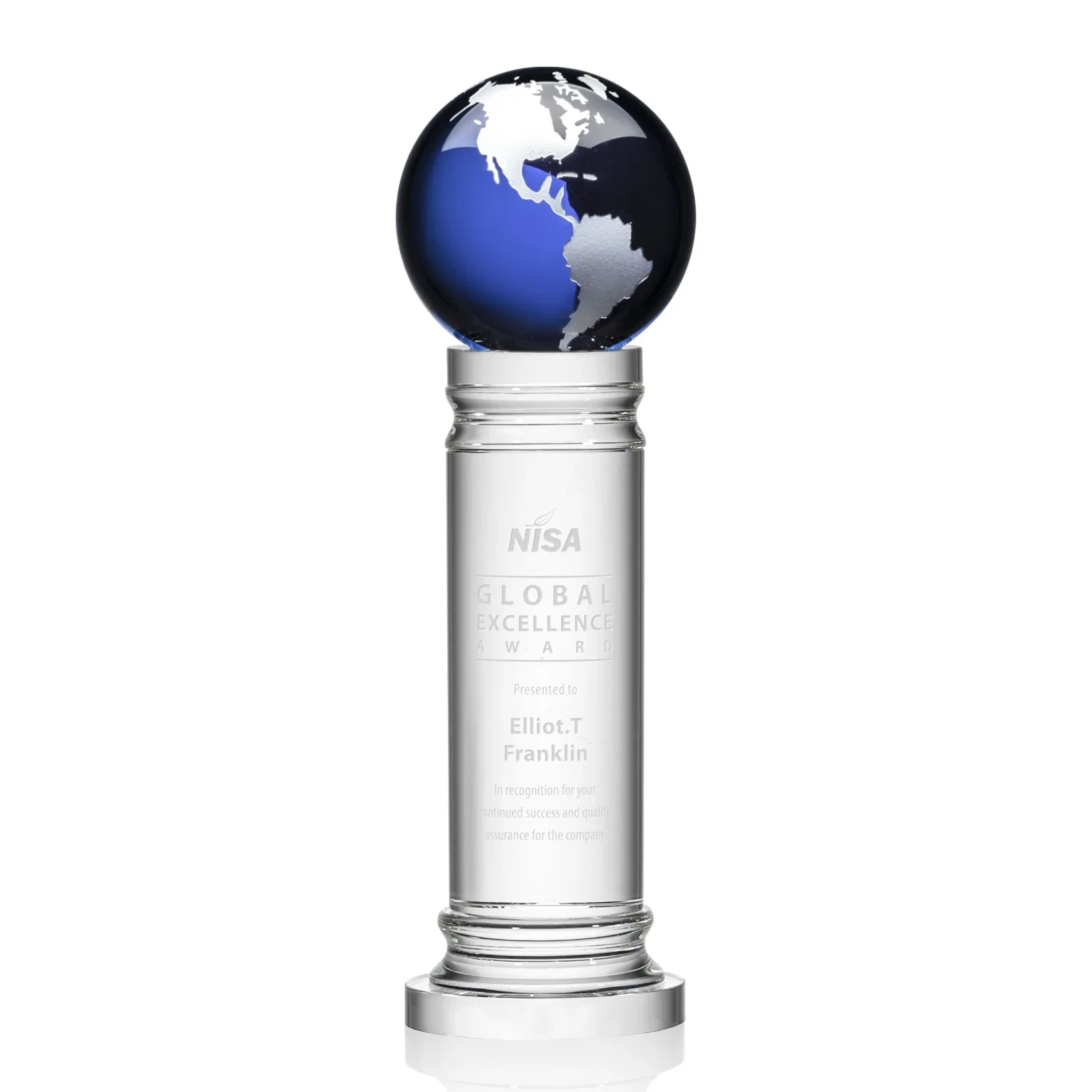 Personalized Green Optical Crystal Globe Award on a Crystal Column for safety achievement programs