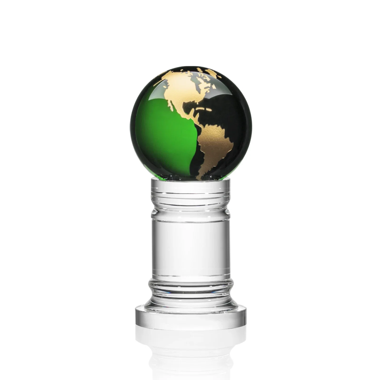 Personalized Green Optical Crystal Globe Award on a Crystal Column for volunteer appreciation