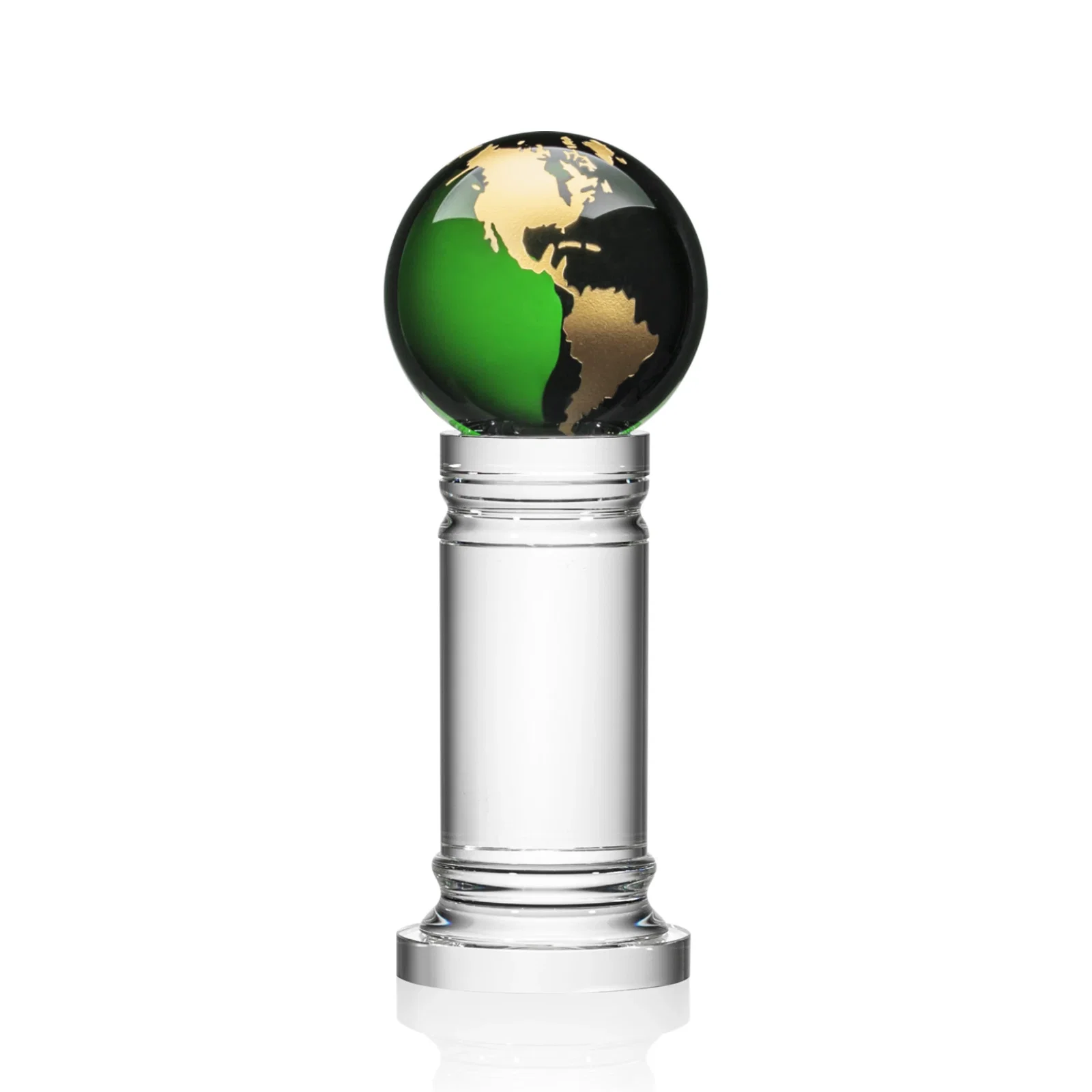 Personalized Green Optical Crystal Globe Award on a Crystal Column for dealer and partner awards