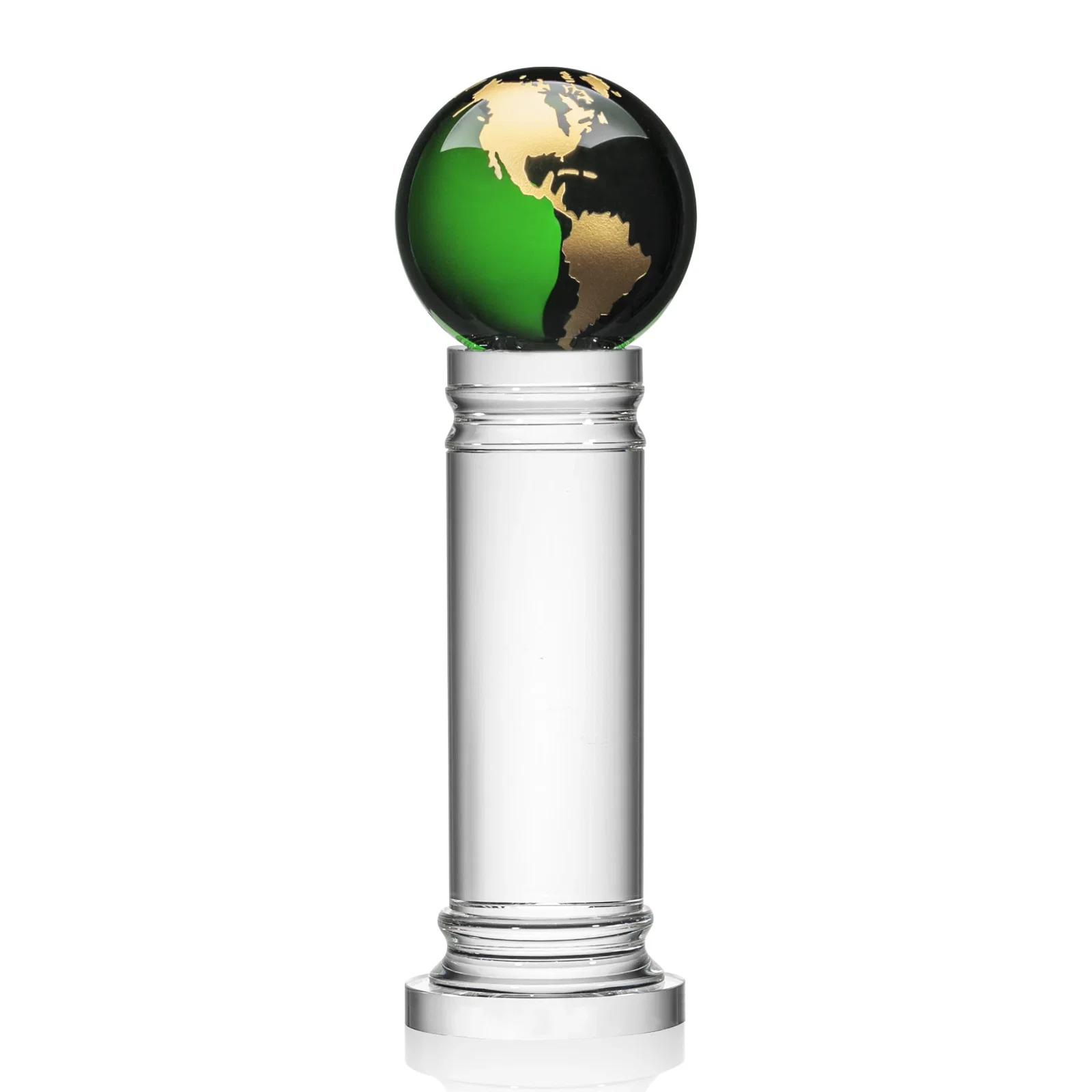 Personalized Green Optical Crystal Globe Award on a Crystal Column for company anniversary events