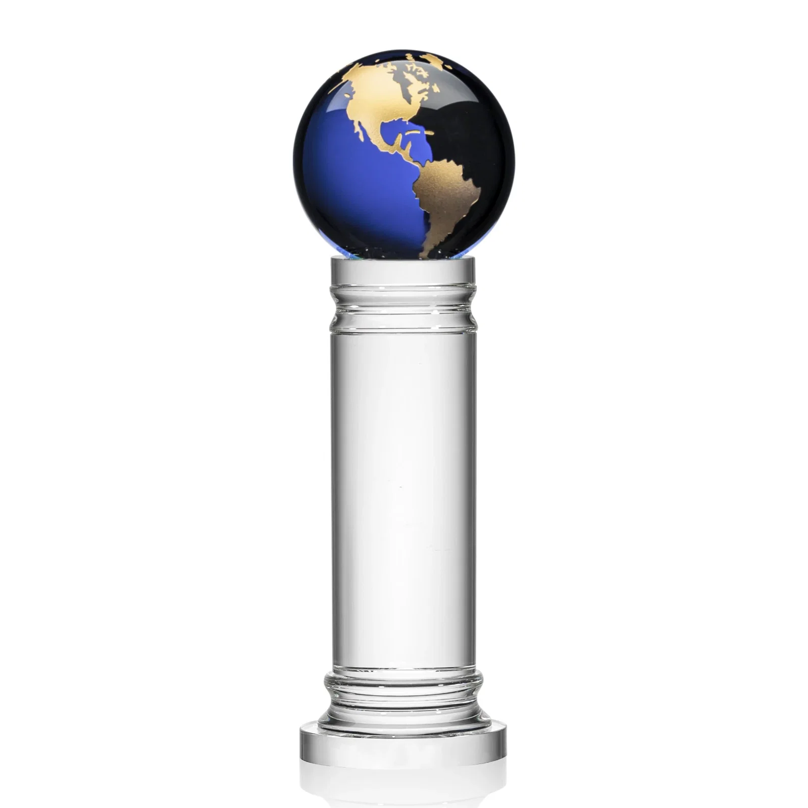 Promotional Green Optical Crystal Globe Award on a Crystal Column for team milestone celebrations