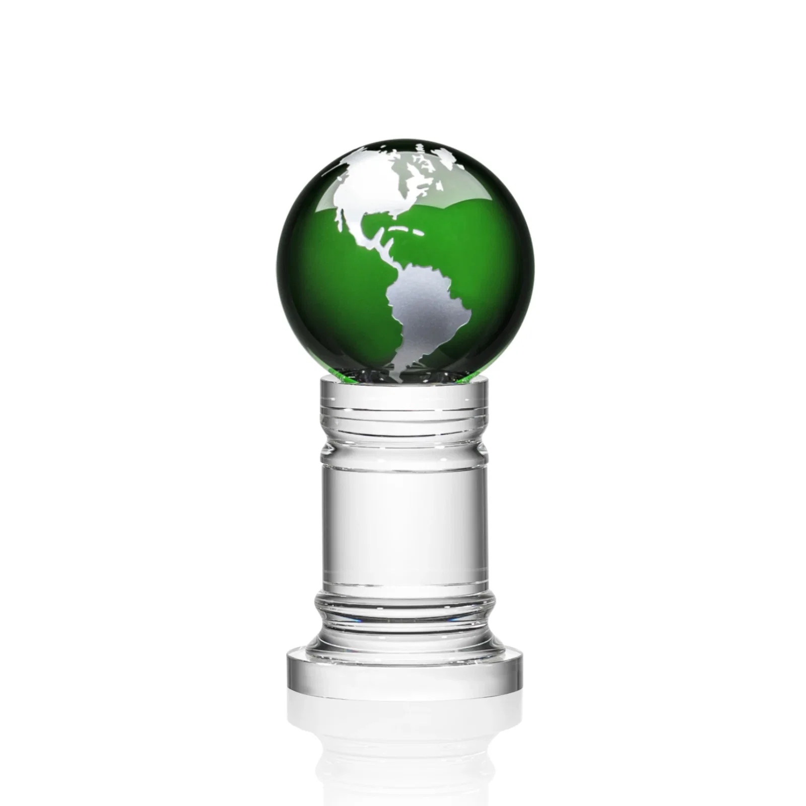 Promotional Green Optical Crystal Globe Award on a Crystal Column for donor appreciation