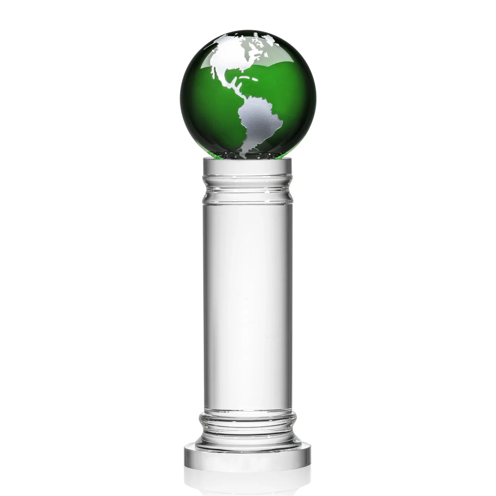 Promotional Green Optical Crystal Globe Award on a Crystal Column for safety achievement programs