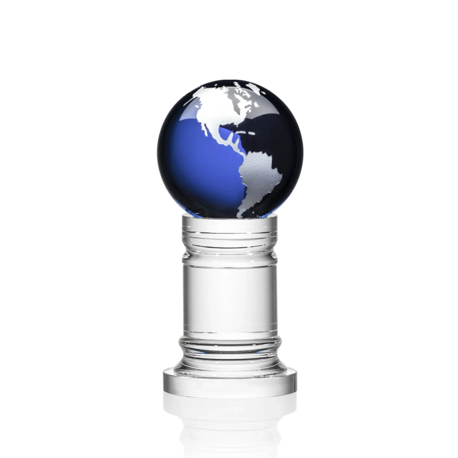 Branded Green Optical Crystal Globe Award on a Crystal Column for employee recognition