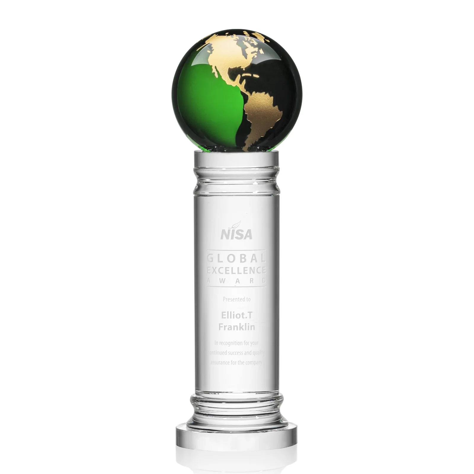Custom Green Optical Crystal Globe Award on a Crystal Column for sales achievement awards