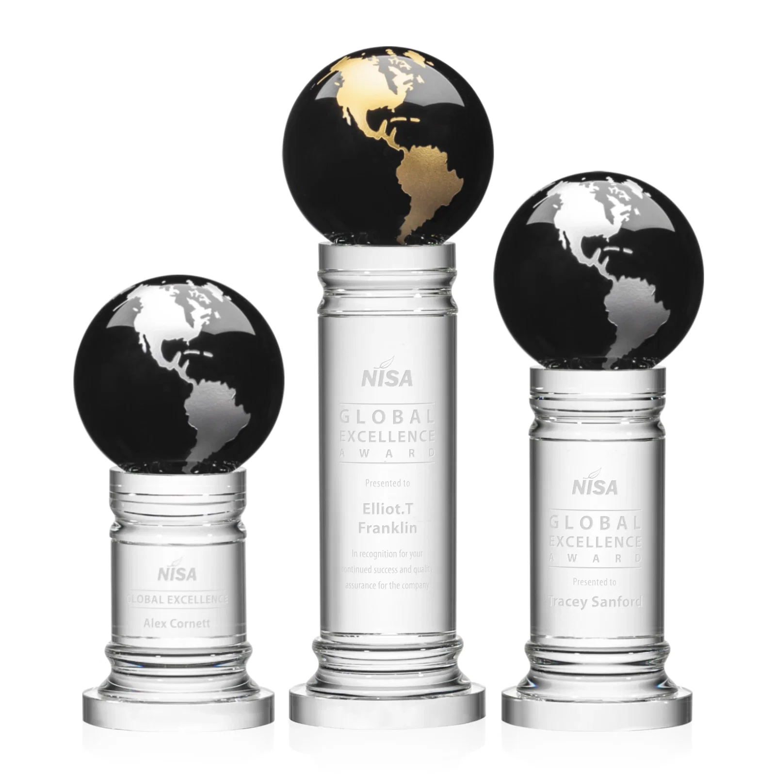 Custom Green Optical Crystal Globe Award on a Crystal Column for retirement presentations
