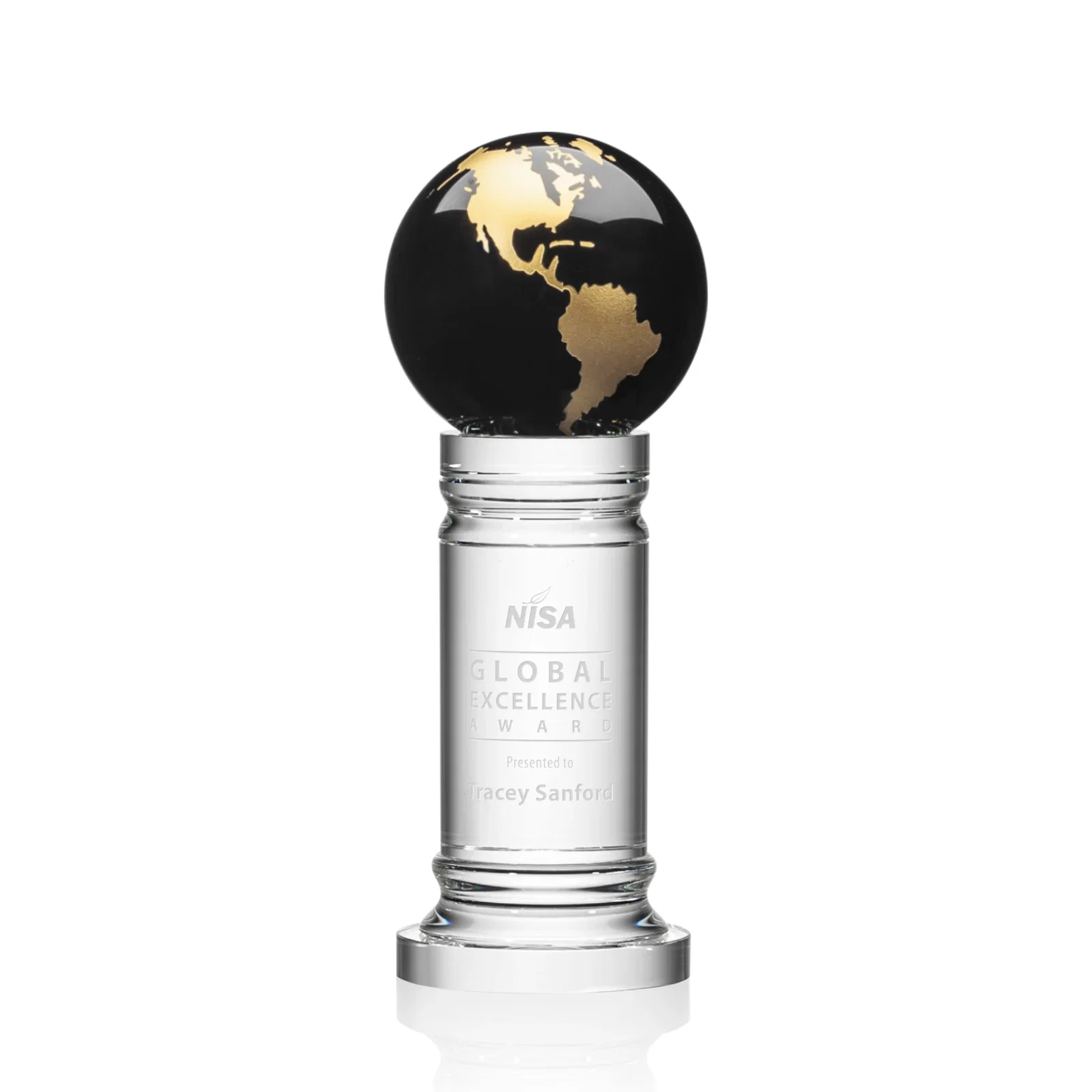 Custom Green Optical Crystal Globe Award on a Crystal Column for donor appreciation
