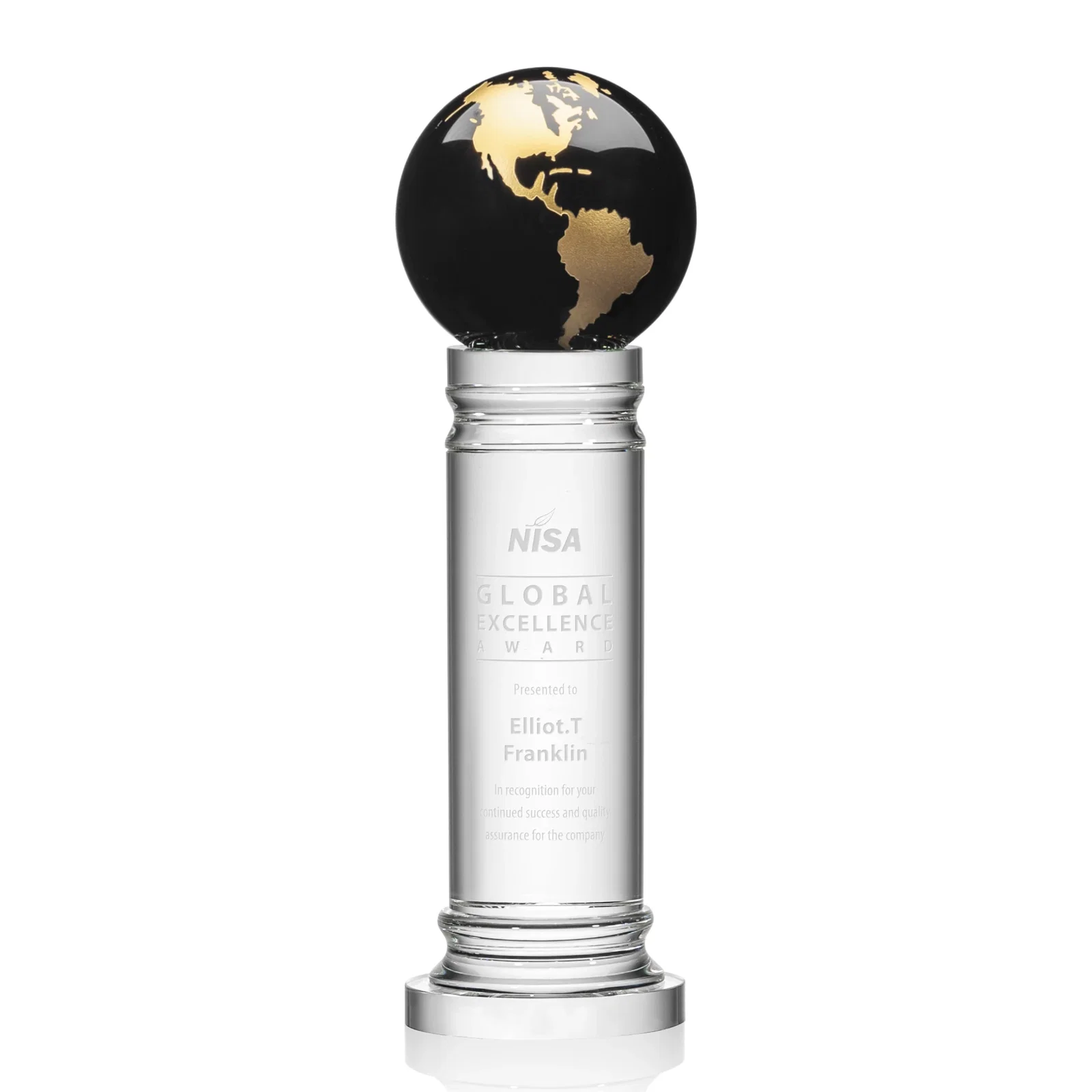 Custom Green Optical Crystal Globe Award on a Crystal Column for graduation ceremonies