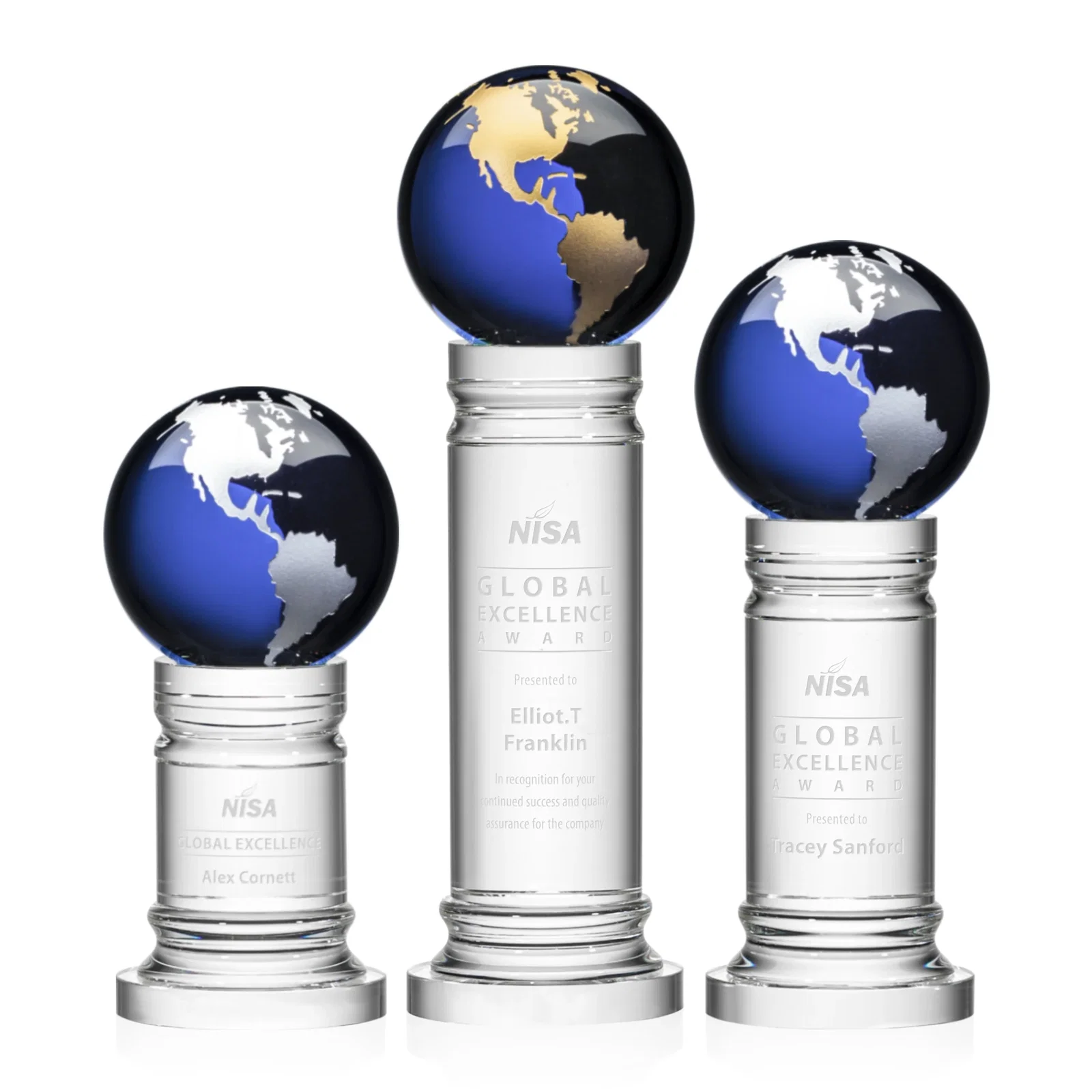 Custom Green Optical Crystal Globe Award on a Crystal Column for safety achievement programs