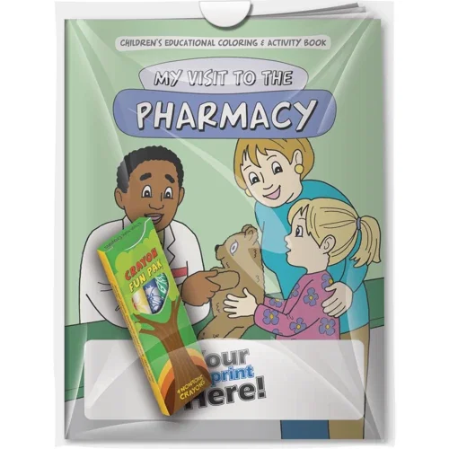 My Visit to the Pharmacy coloring book and Fun Pak crayons combo pack, front view of kit
