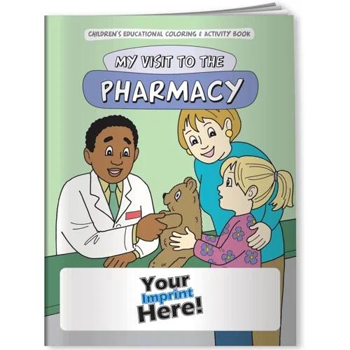 My Visit to the Pharmacy coloring book interior pages with two-color imprint area