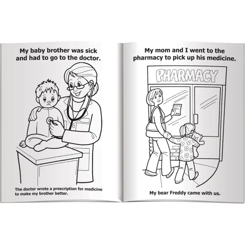 My Visit to the Pharmacy coloring book and crayons kitted in clear poly bag