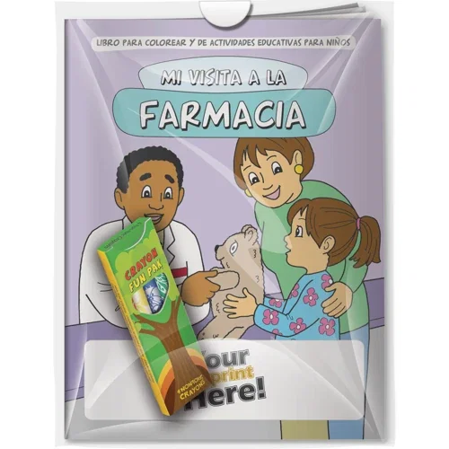 My Visit to the Pharmacy Spanish coloring book and crayons combo pack, front cover hero view