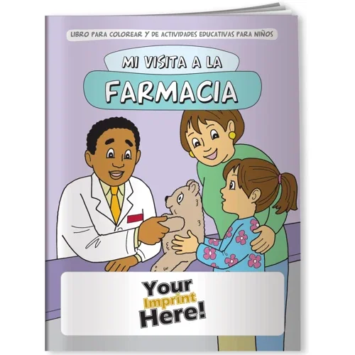 My Visit to the Pharmacy Spanish coloring book interior page with line-art to color