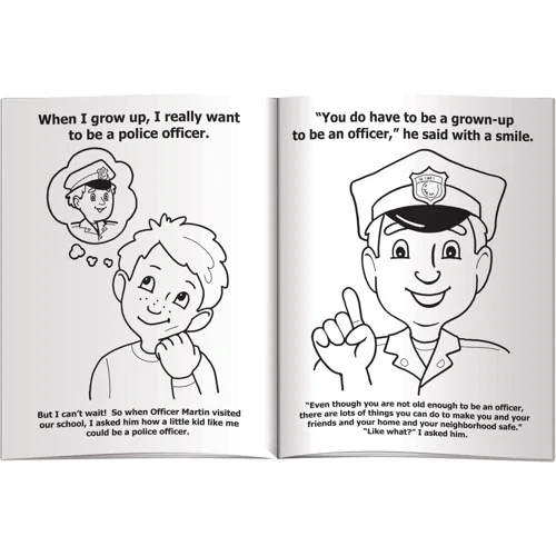 My Visit With a Police Officer coloring book and crayons kitted in clear poly bag packaging