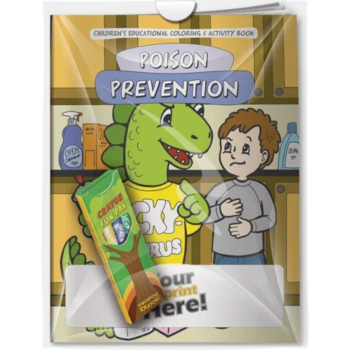 Poison Prevention Dinosaur coloring book cover with imprinted 4-pack crayons combo, hero view
