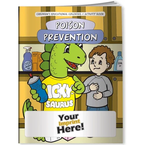 Poison Prevention Dinosaur coloring book interior page with dinosaur line-art to color