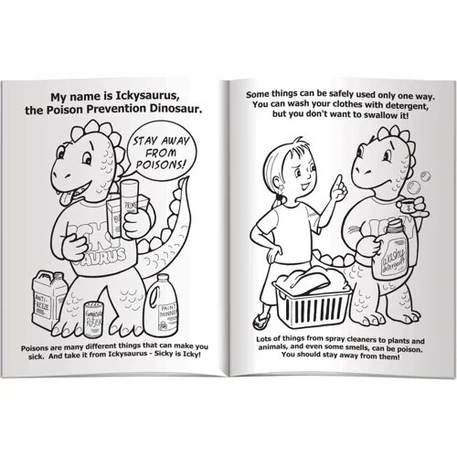 Poison Prevention Dinosaur combo pack kitted in clear poly bag, book and crayons together