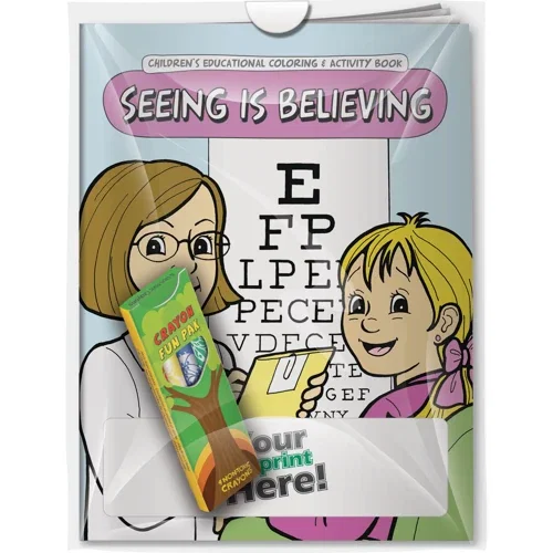 Seeing is Believing coloring book and imprinted crayons combo pack, front view