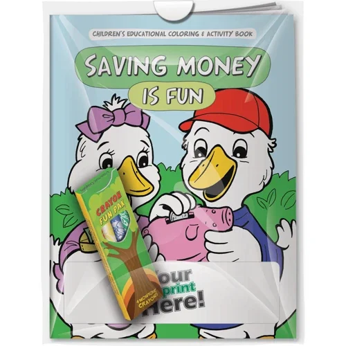 Saving Money is Fun coloring book and 4-crayon Fun Pak financial-literacy combo in poly bag