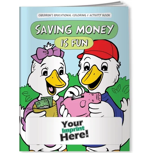 Saving Money is Fun kids coloring book cover for financial education promotions