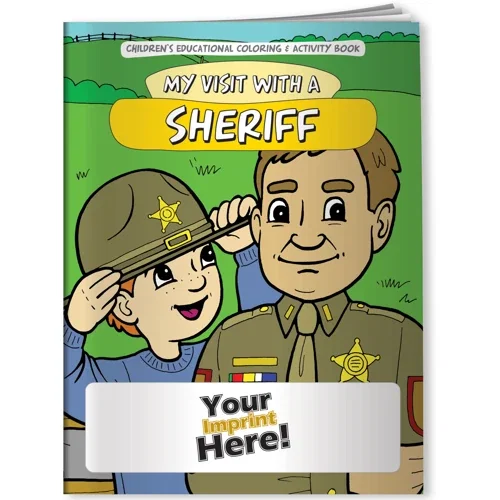 My Visit with a Sheriff coloring book front cover, kids safety promo giveaway