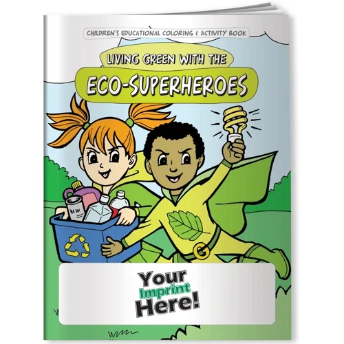 Living Green with Eco-Superheroes coloring book cover front view, eco-hero artwork